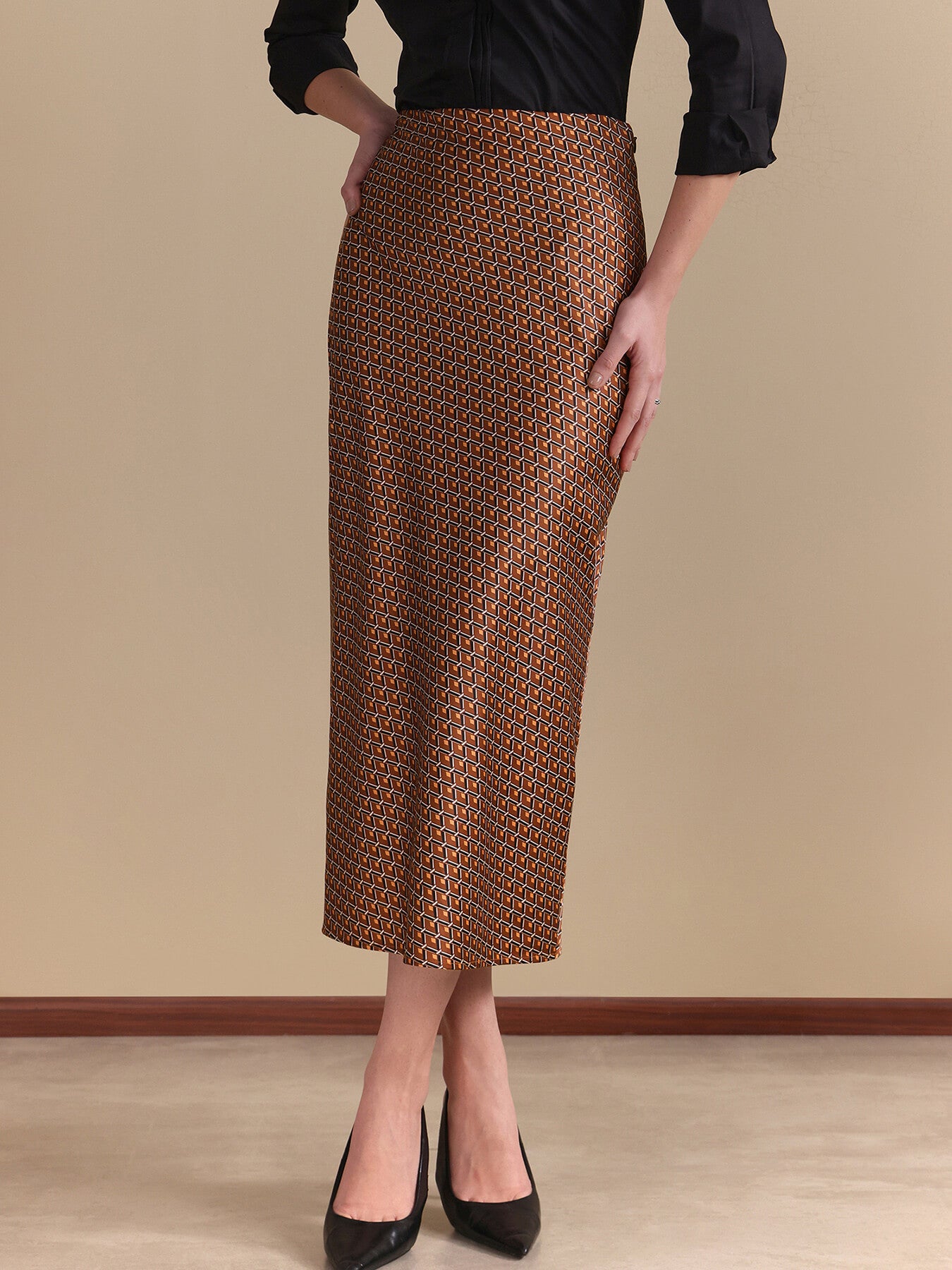 Satin Retro Print Midi Skirt - Rust