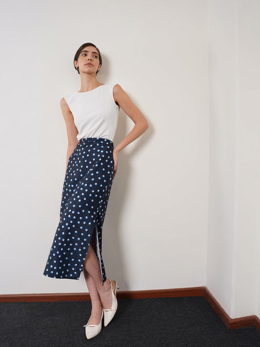 Satin Polka Dot Skirt - Navy Blue