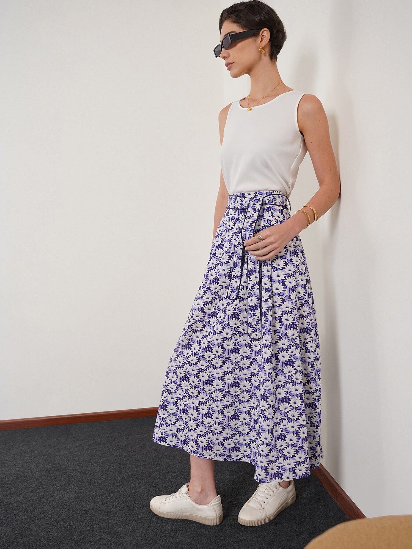 Cotton Flared Midi Skirt - Blue