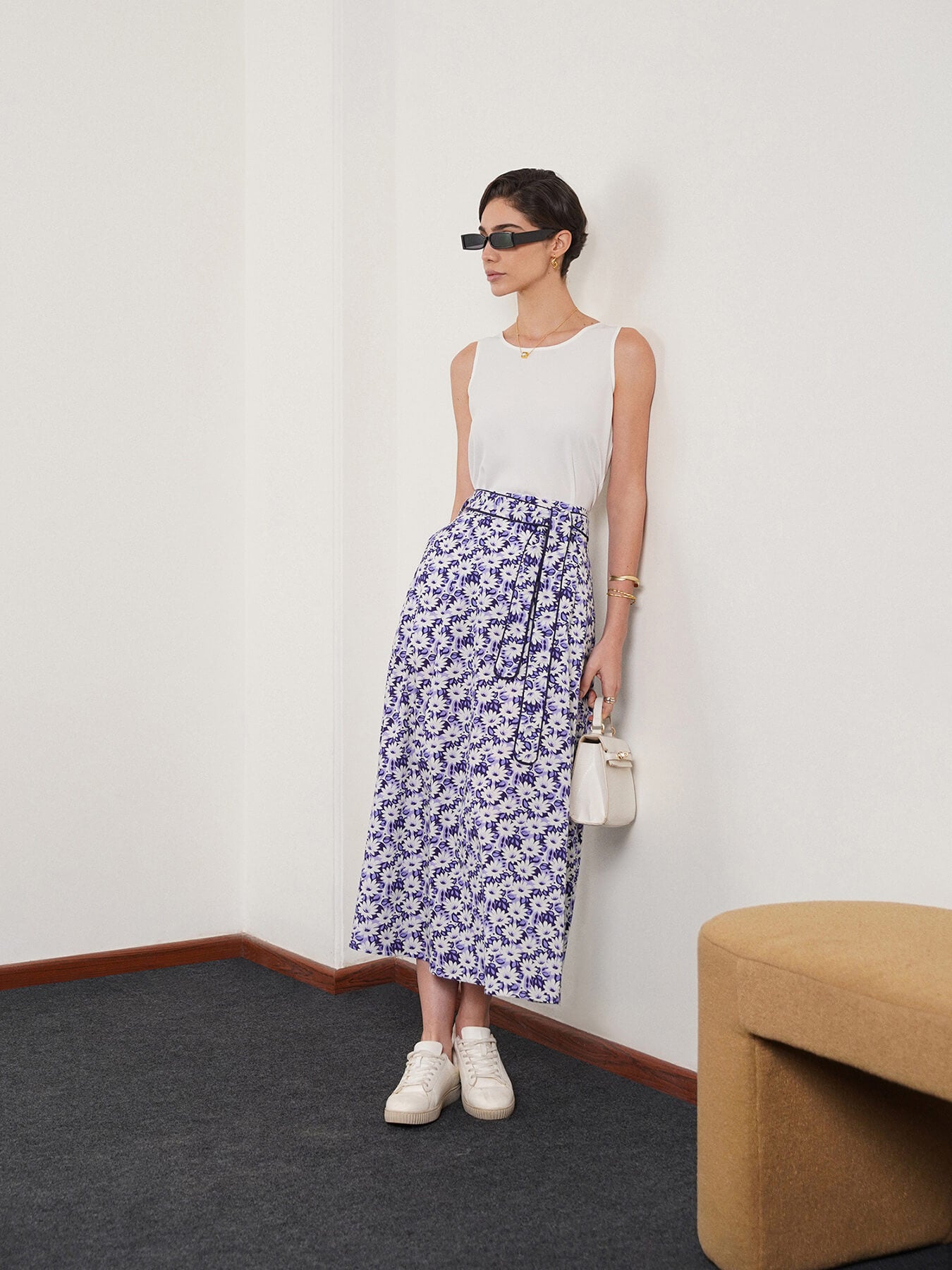 Cotton Flared Midi Skirt - Blue