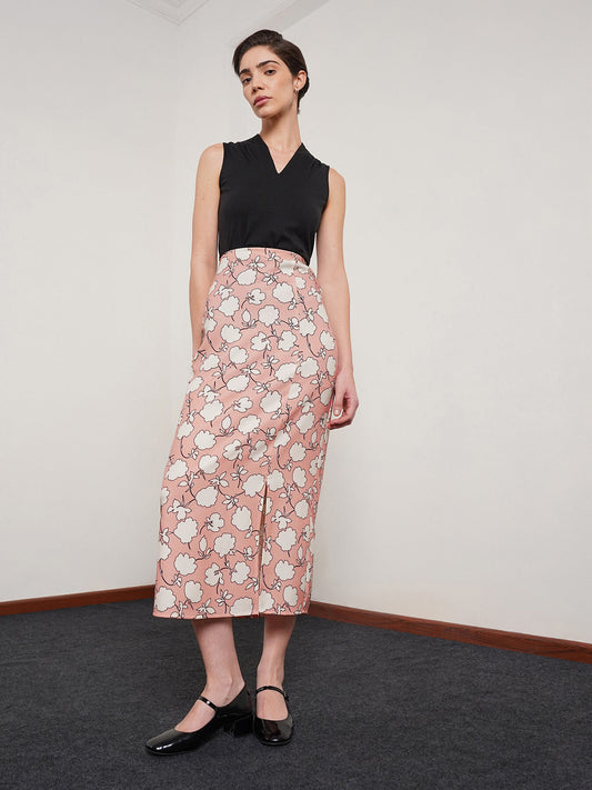 Floral A-Line Skirt - Beige