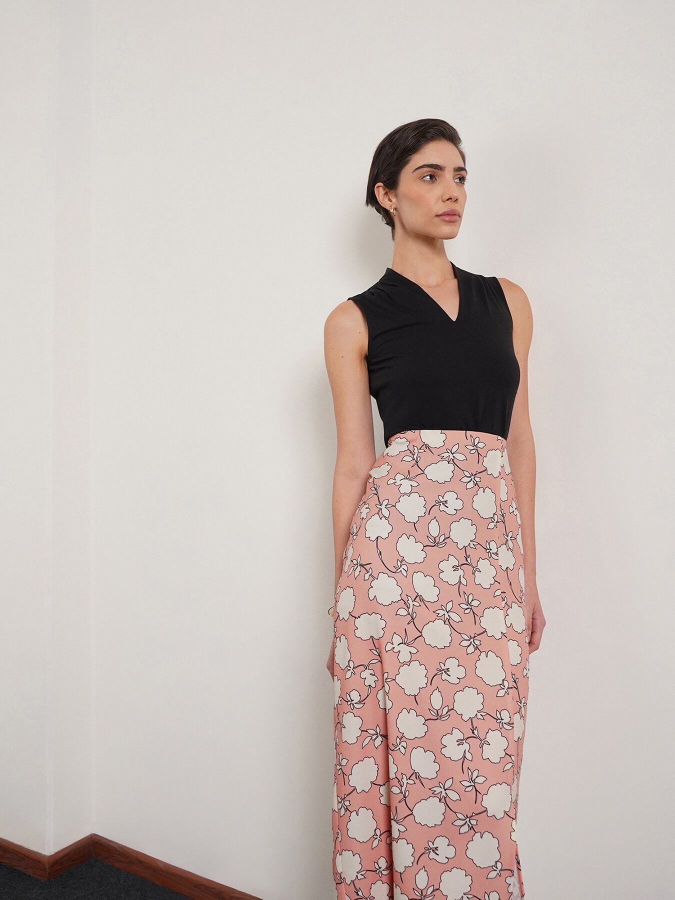 Floral A-Line Skirt - Beige