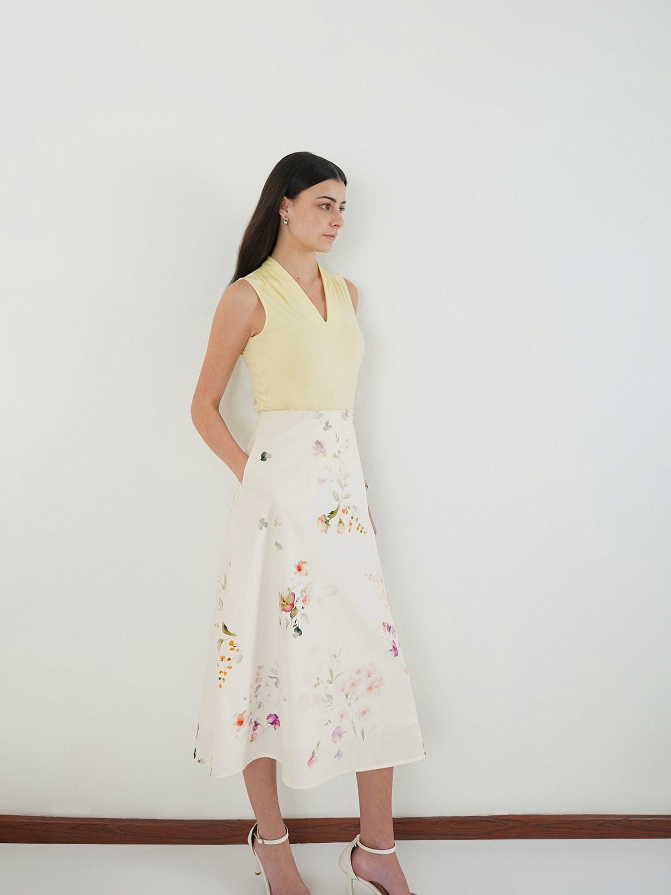 Cotton Floral A-Line Skirt - White