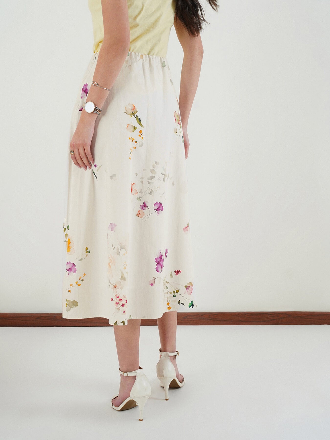 Cotton Floral A-Line Skirt - White