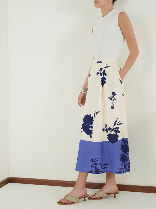 Floral Flared Midi Skirt - Off White