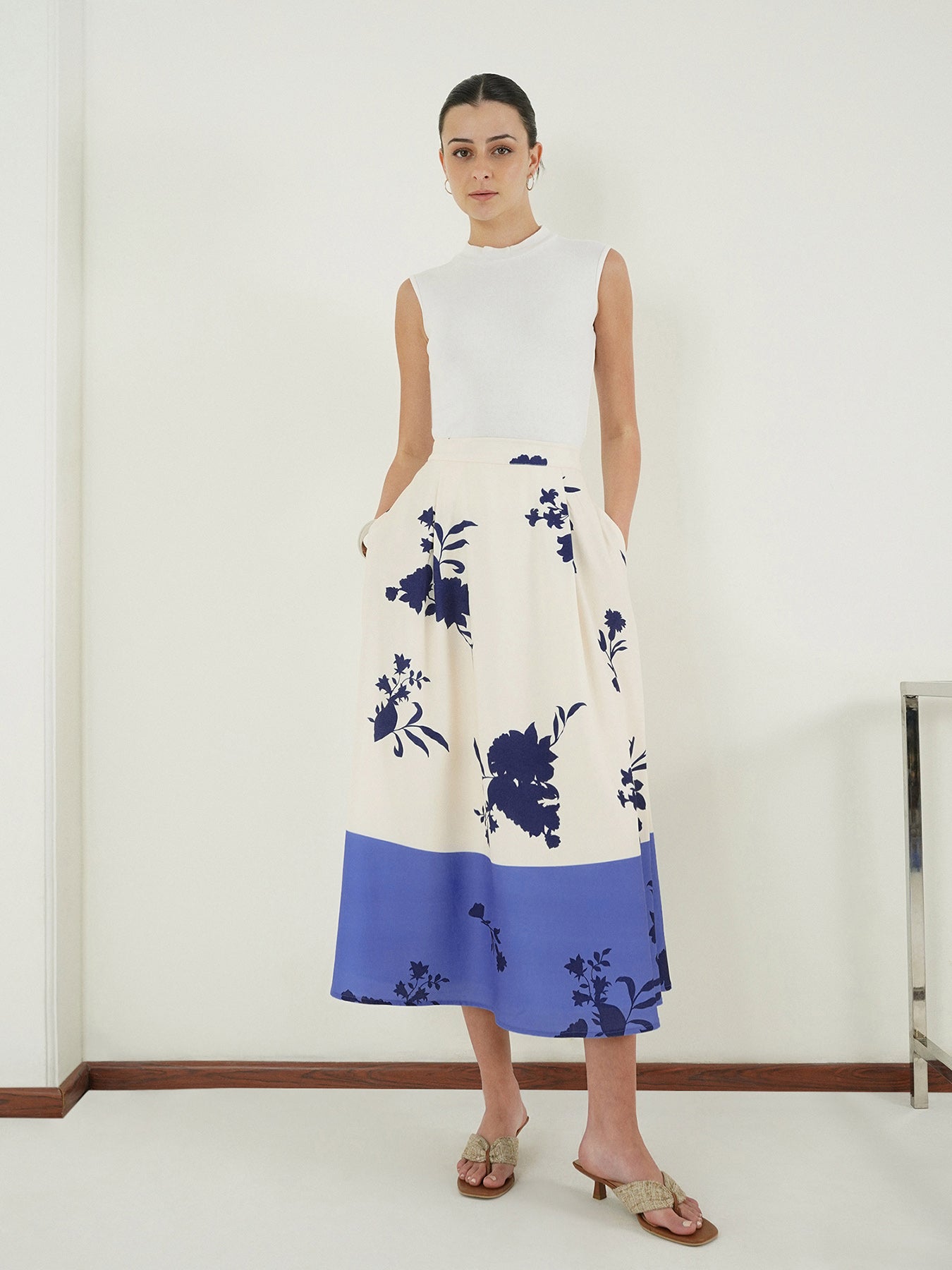 Floral Flared Midi Skirt - Off White