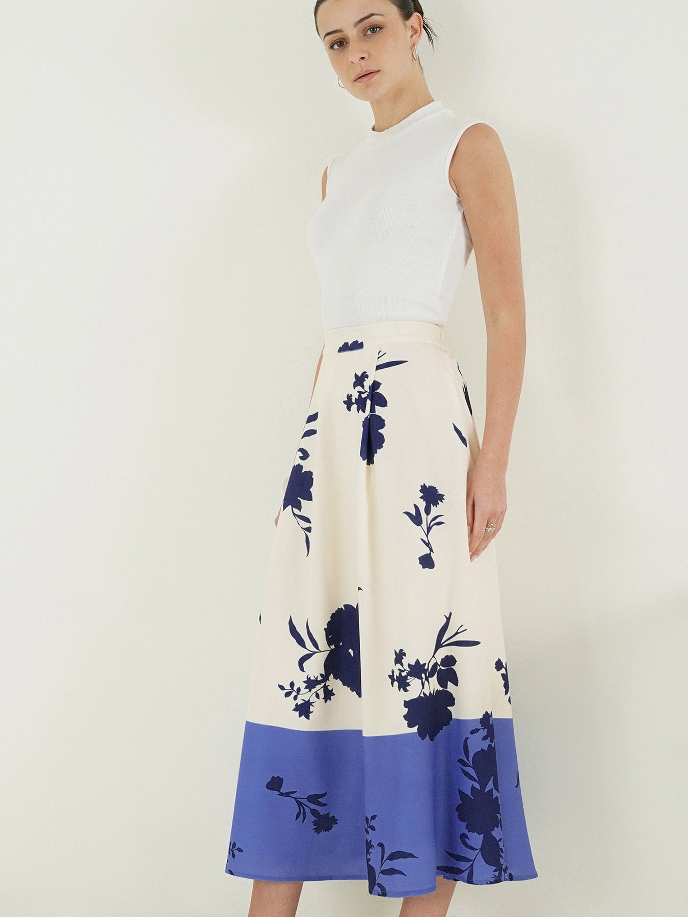 Floral Flared Midi Skirt - Off White