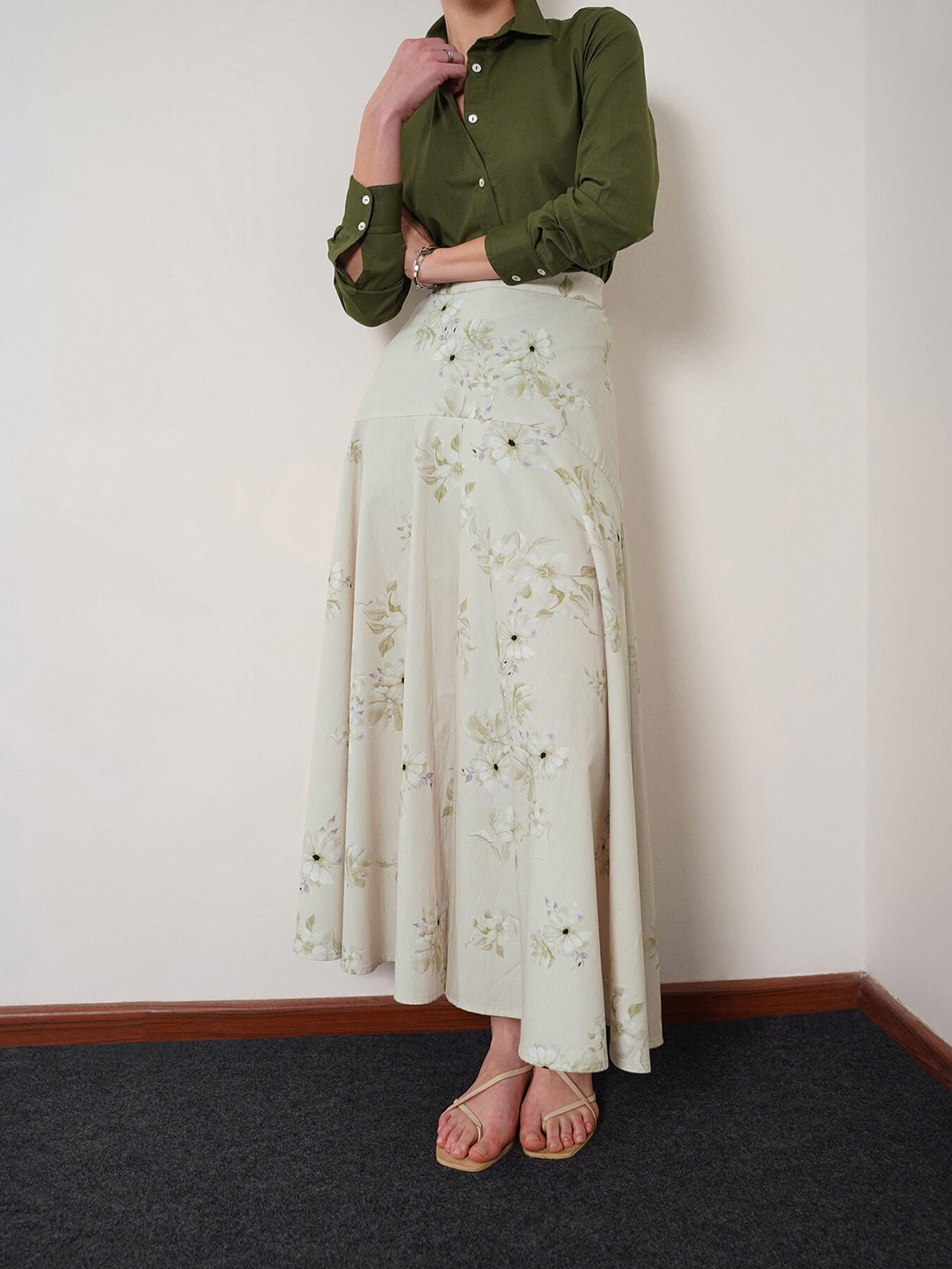 Cotton Floral Flared Skirt - Green