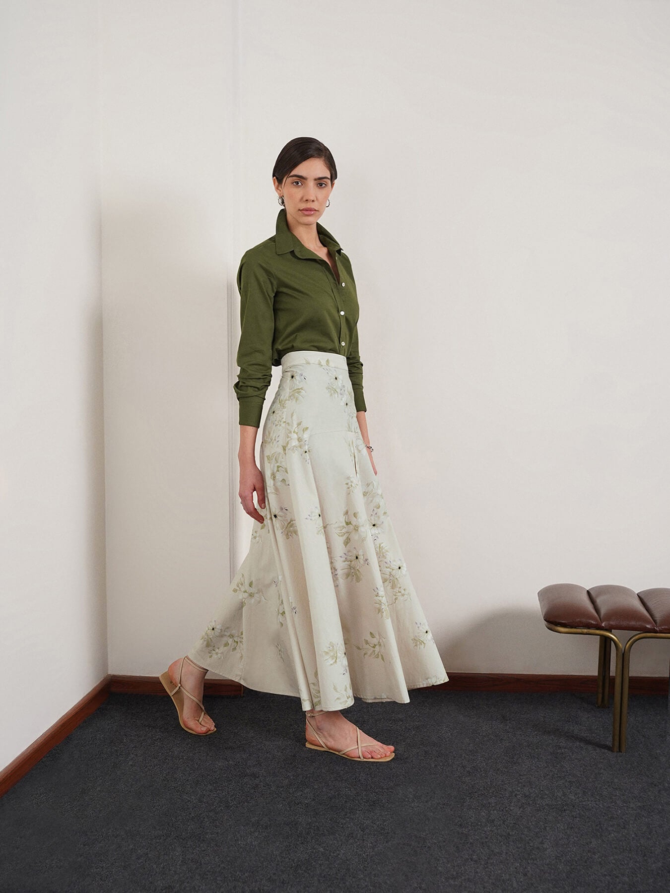 Cotton Floral Flared Skirt - Green