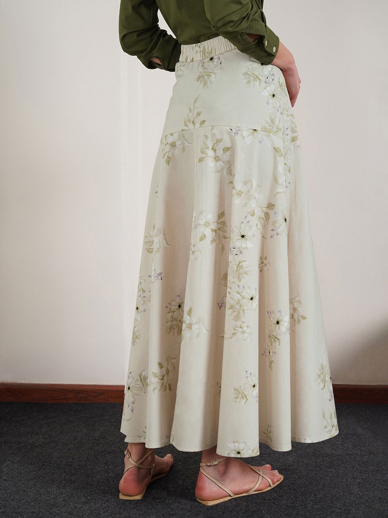 Cotton Floral Flared Skirt - Green