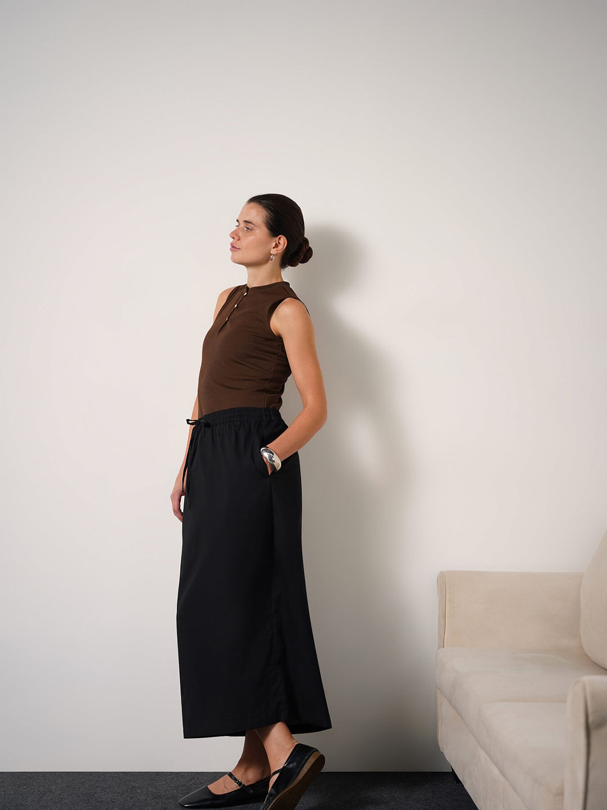 Cotton Shift Midi Skirt - Black