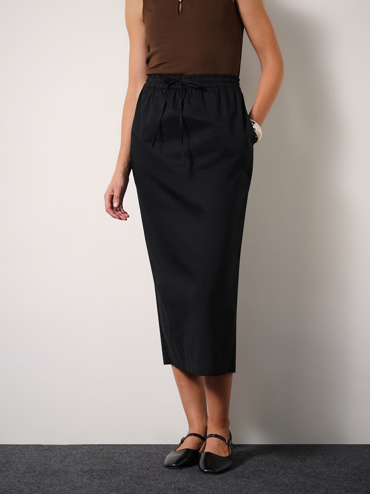 Cotton Shift Midi Skirt - Black