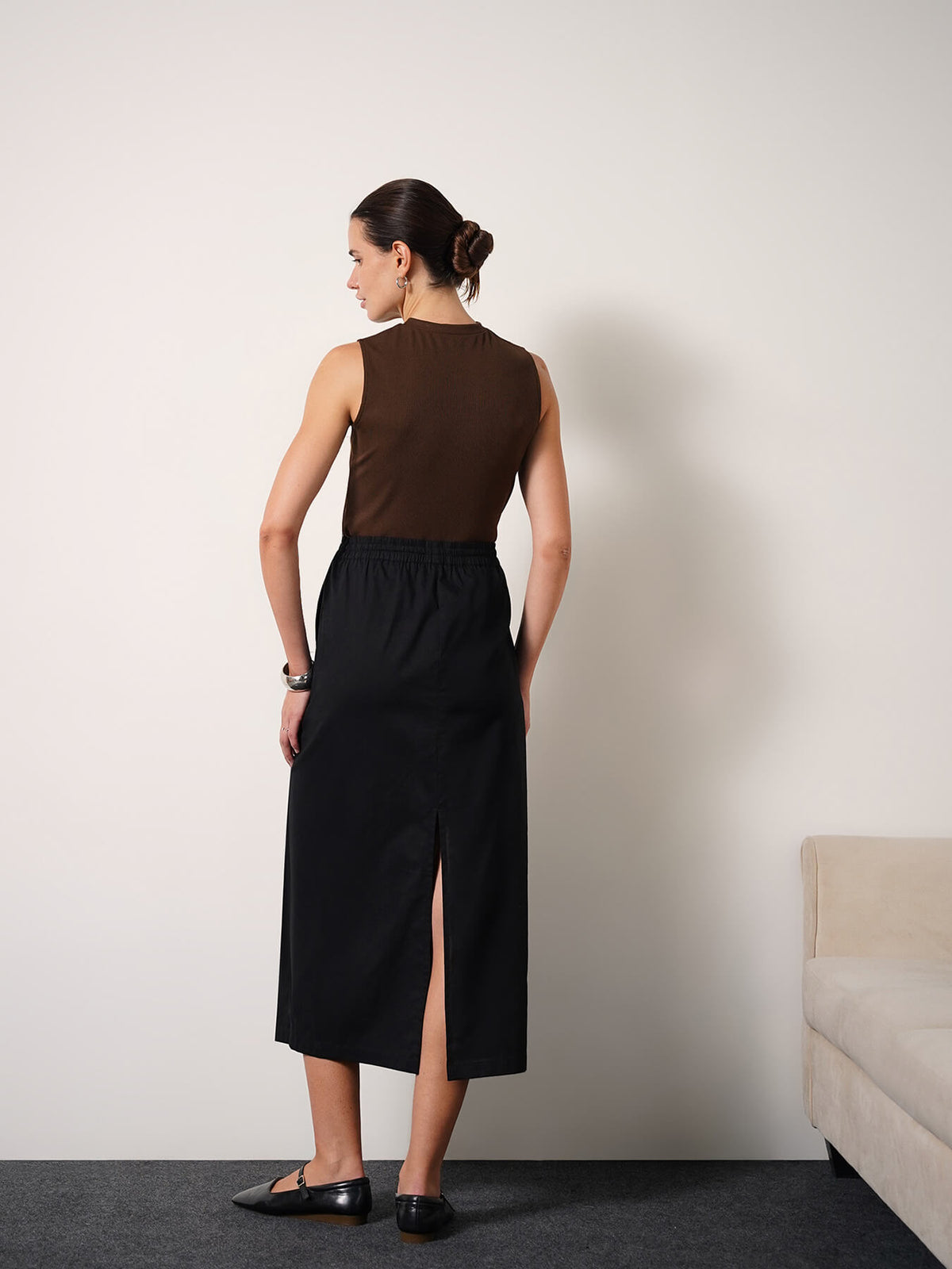 Cotton Shift Midi Skirt - Black
