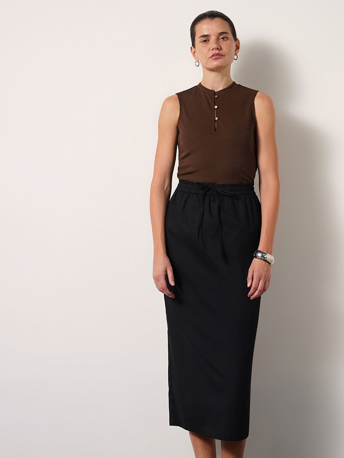 Cotton Shift Midi Skirt - Black