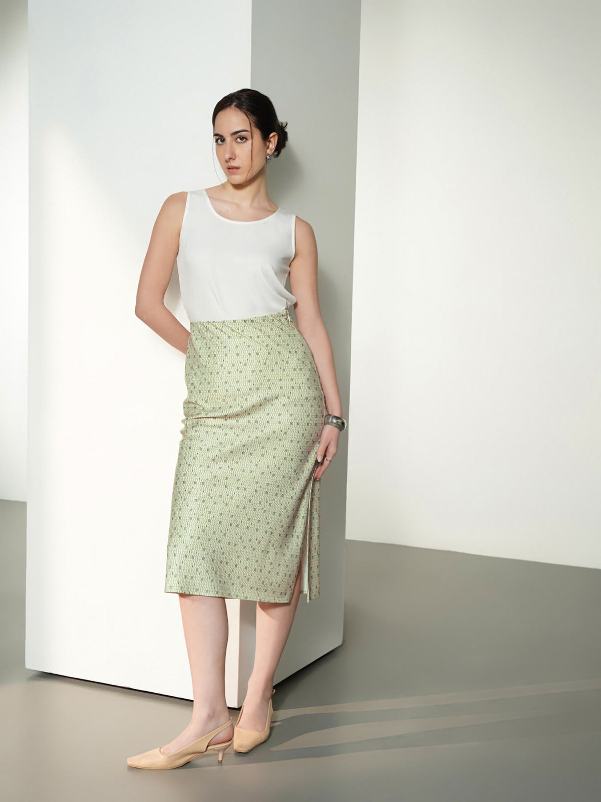 Satin Midi Skirt- Green