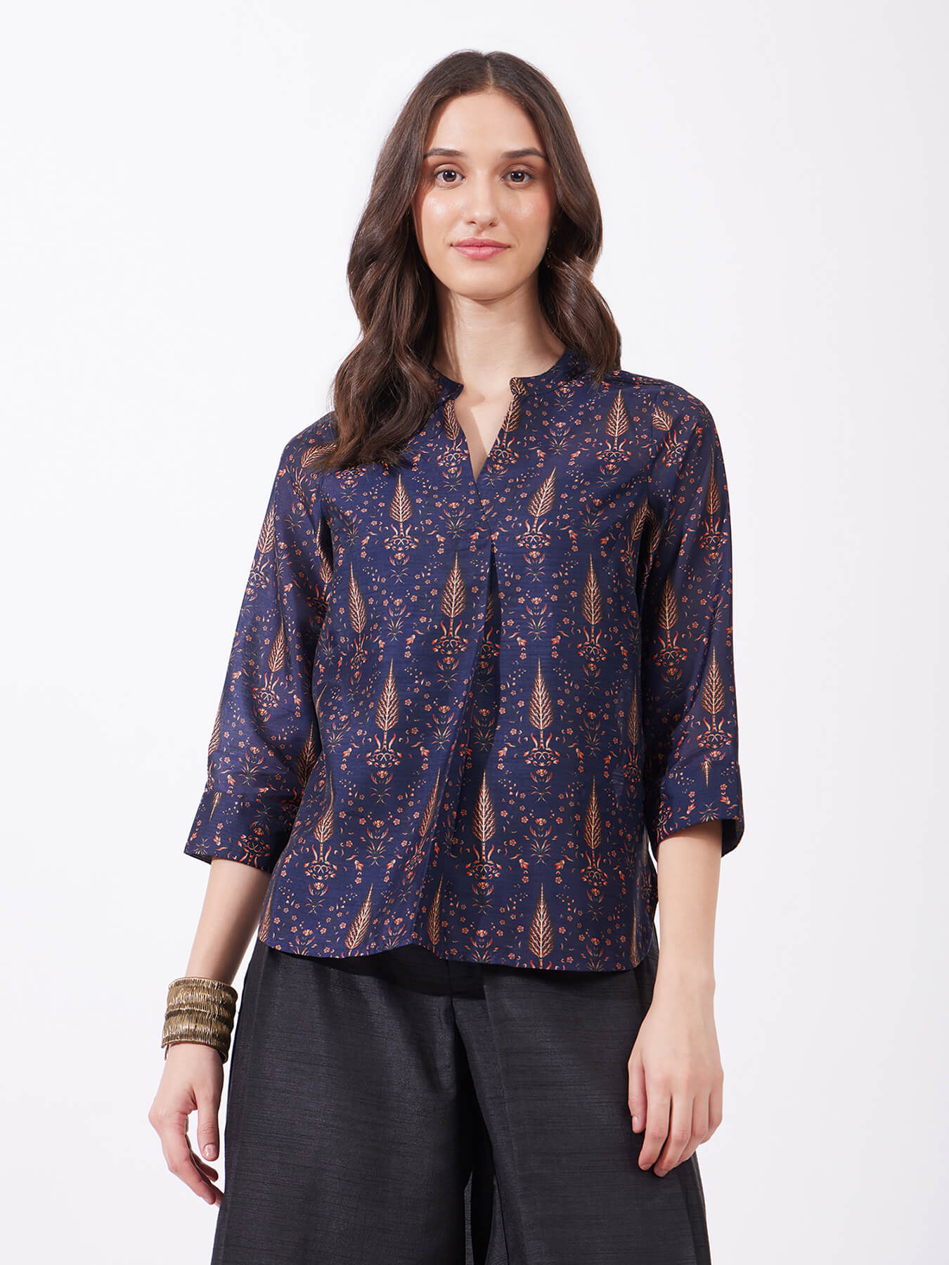 Chanderi Pleated Top - Navy Blue