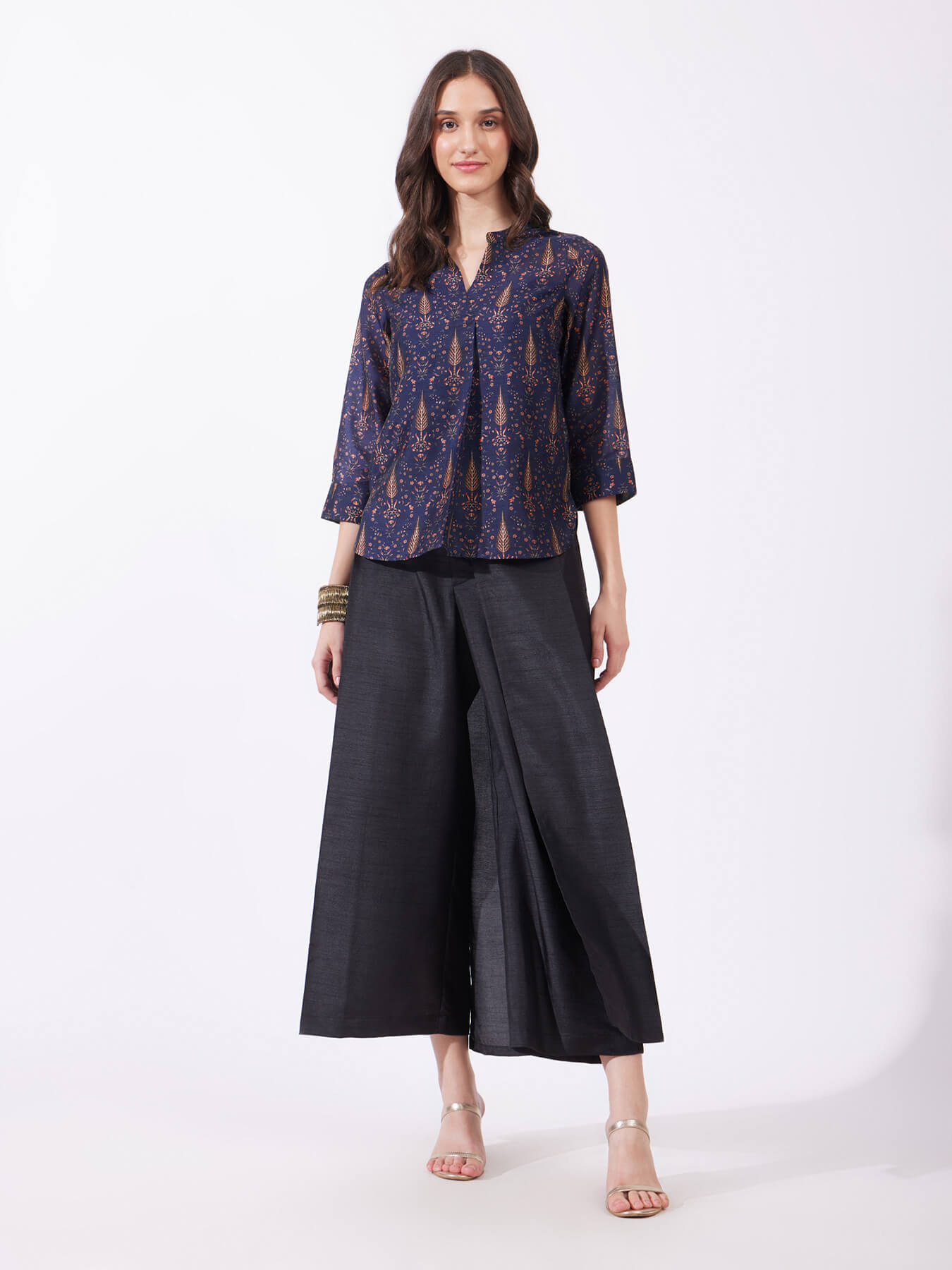 Chanderi Pleated Top - Navy Blue