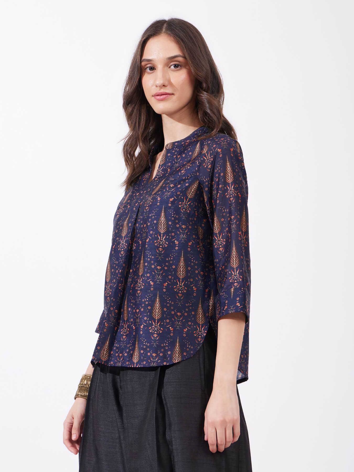 Chanderi Pleated Top - Navy Blue