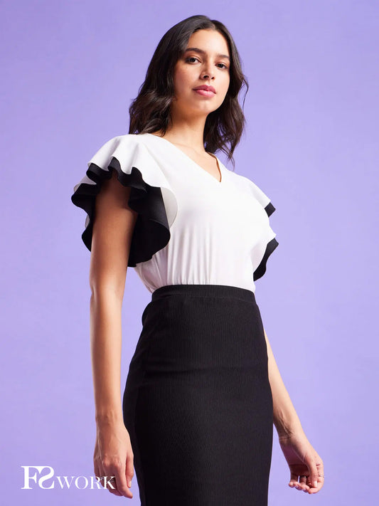 Colour Block Bell Sleeves Top - White And Black