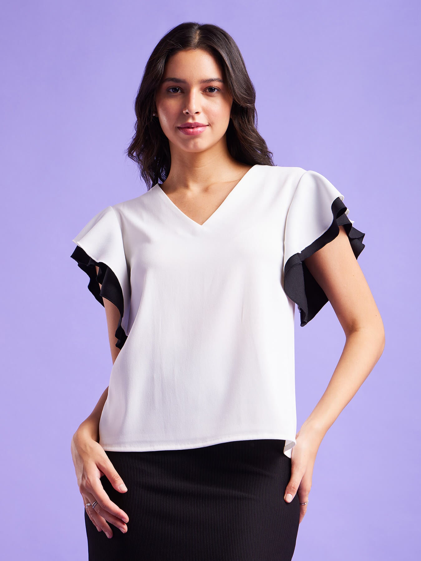 Colour Block Bell Sleeves Top - White And Black