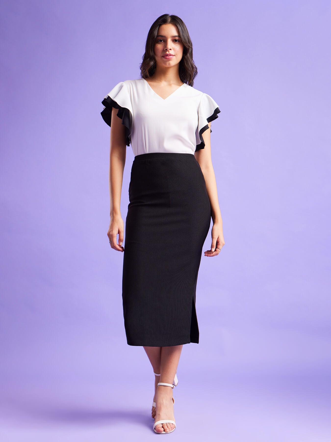 Colour Block Bell Sleeves Top - White And Black