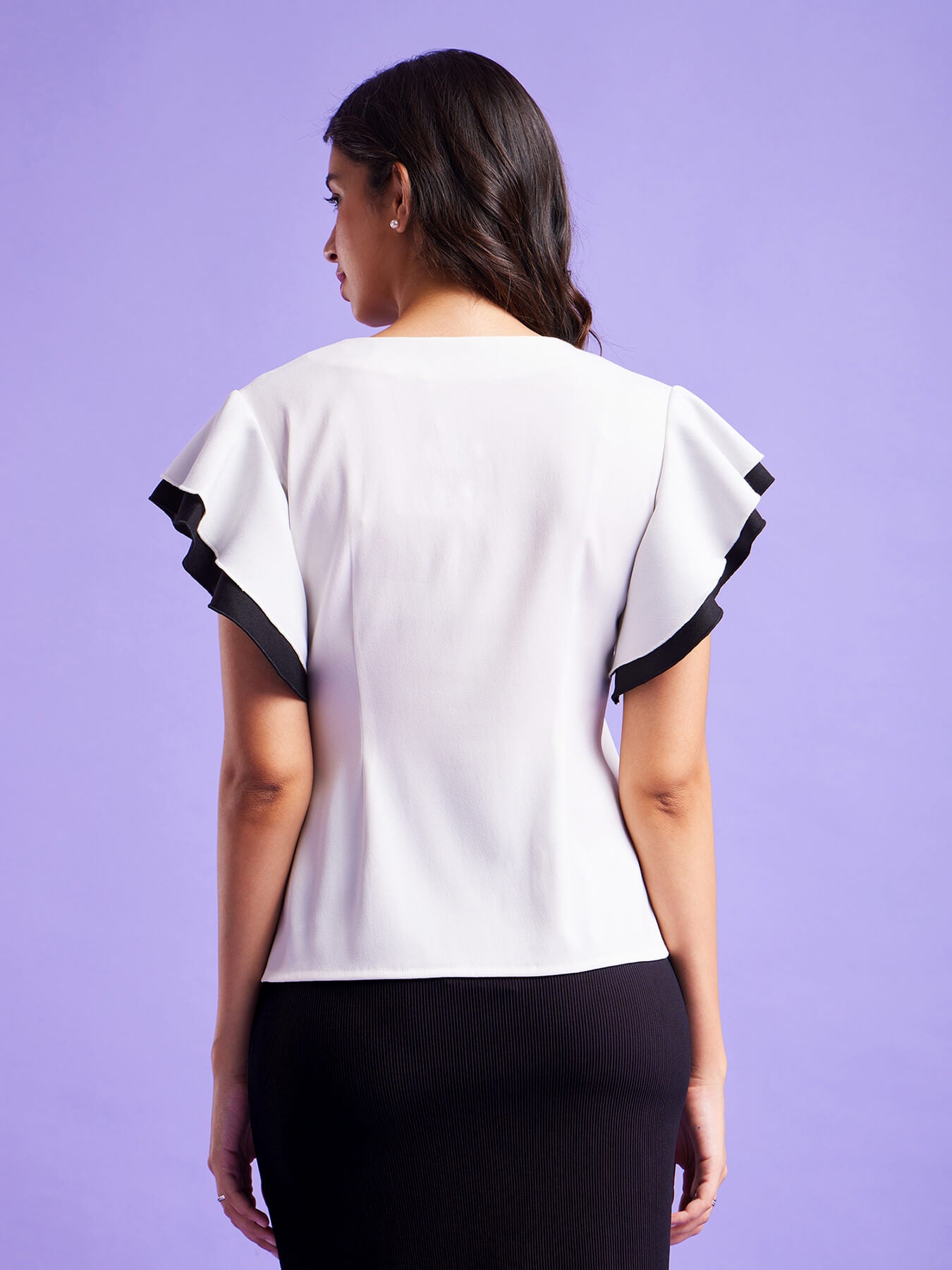 Colour Block Bell Sleeves Top - White And Black