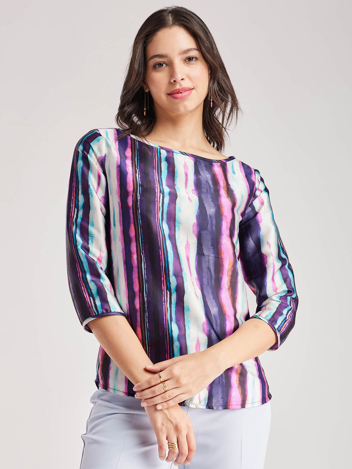 Satin Boat Neck Top - Pink And Purple