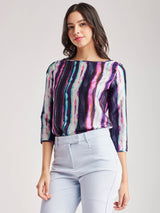 Satin Boat Neck Top - Pink And Purple