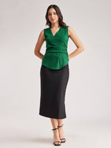 Solid V Neck Draped Top - Green