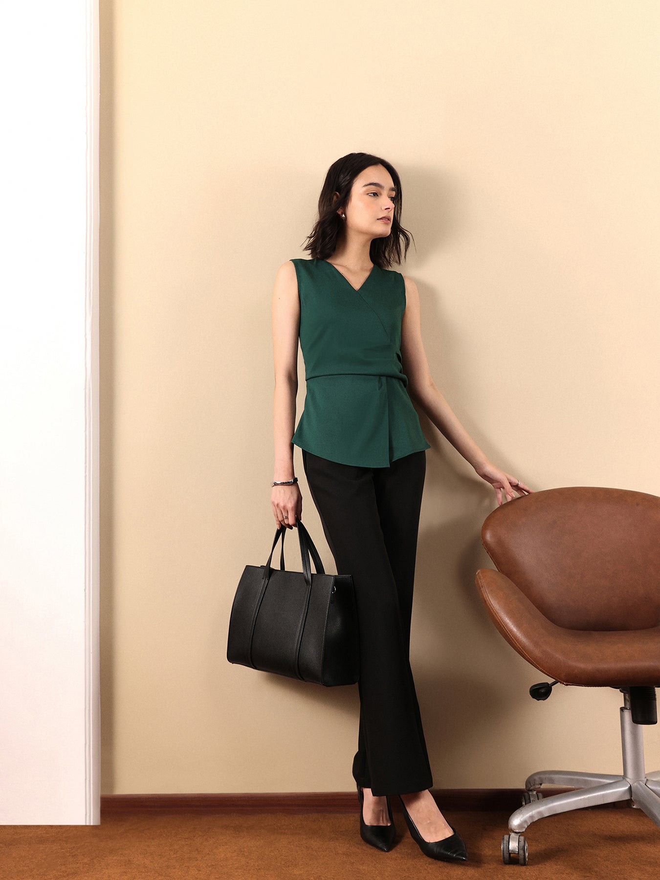 Solid V Neck Draped Top - Green