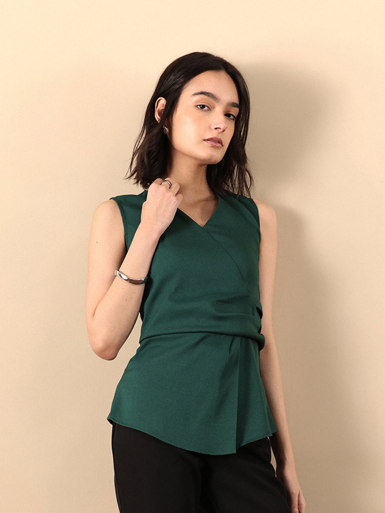 Solid V Neck Draped Top - Green