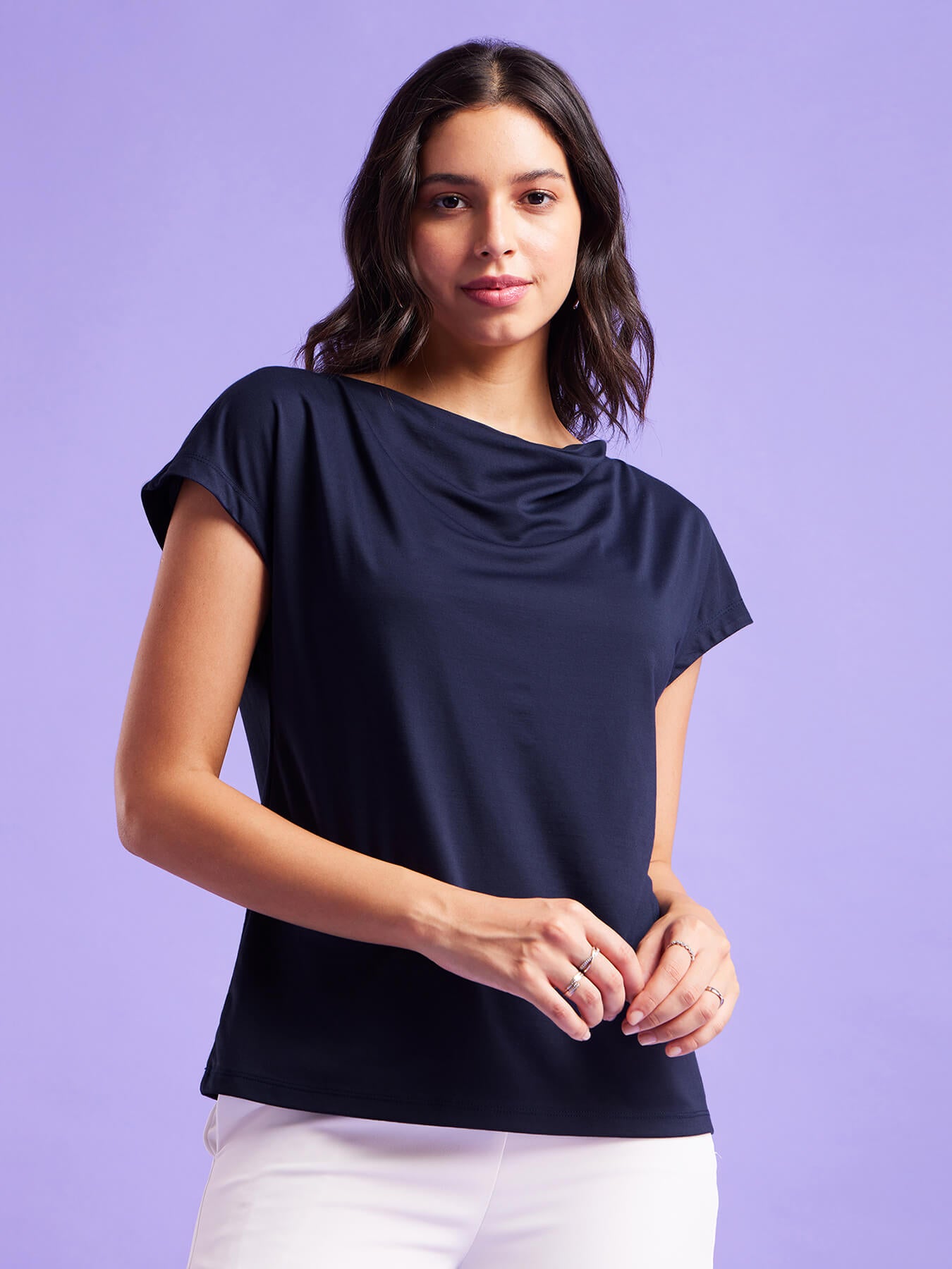 Cowl Neck Drop Shoulder Top - Navy Blue