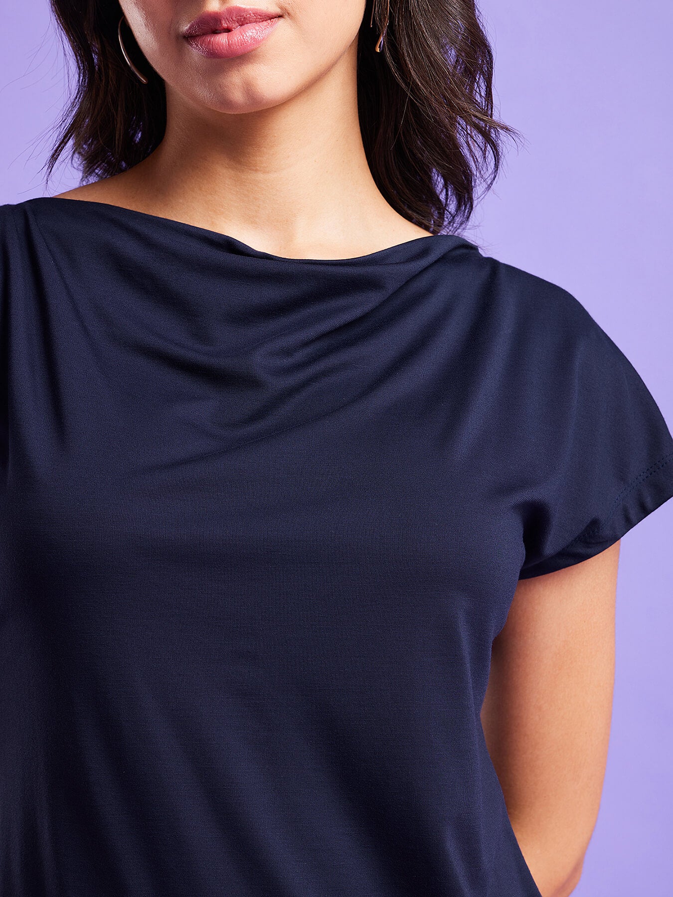 Cowl Neck Drop Shoulder Top - Navy Blue