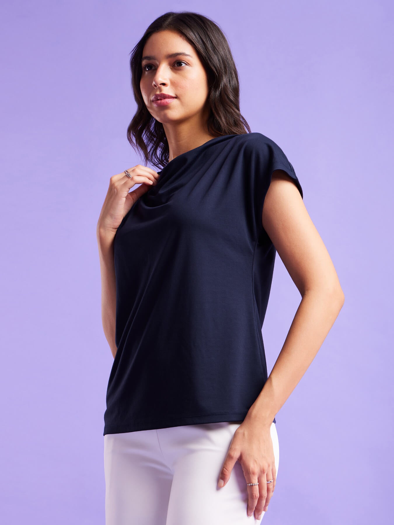 Cowl Neck Drop Shoulder Top - Navy Blue