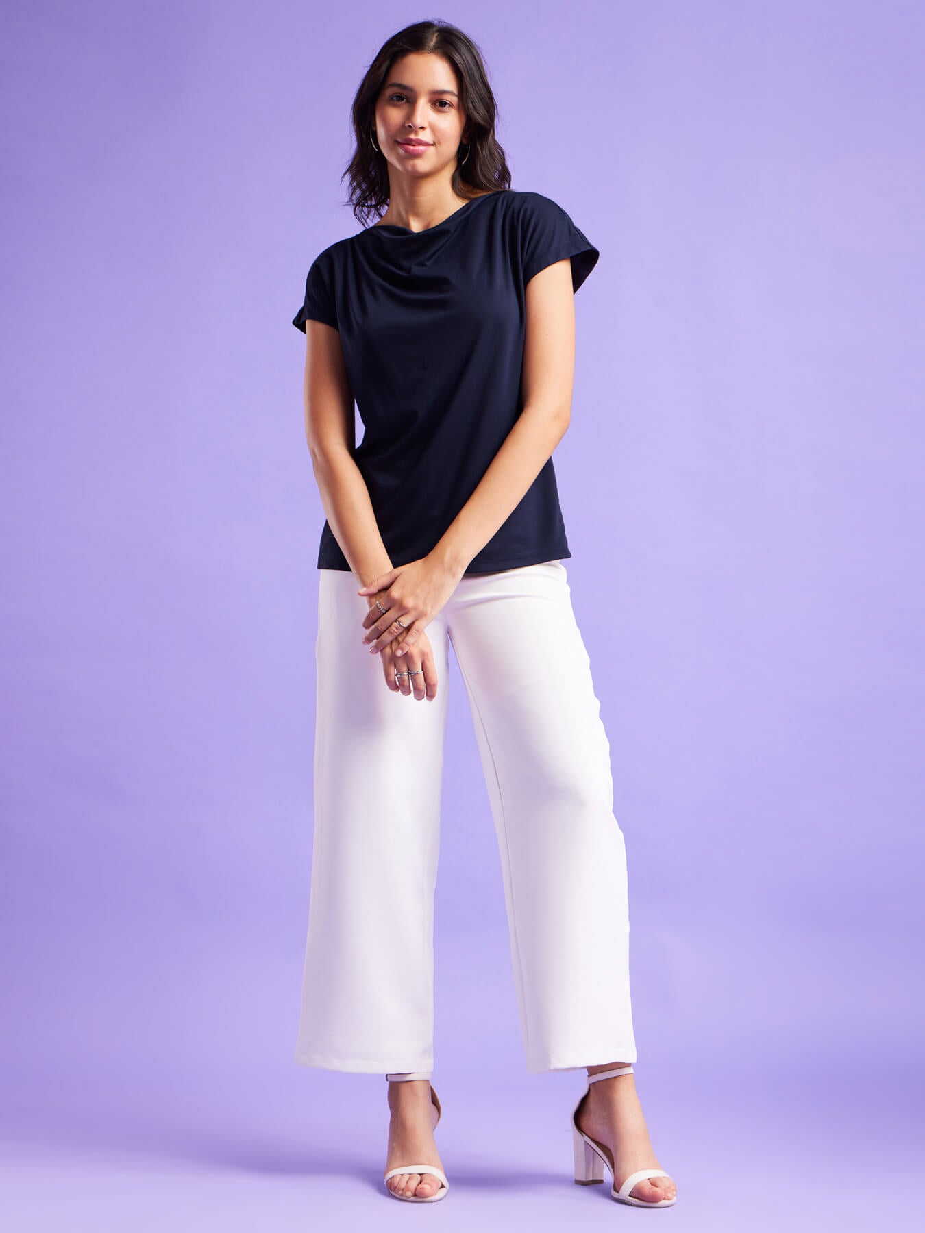 Cowl Neck Drop Shoulder Top - Navy Blue