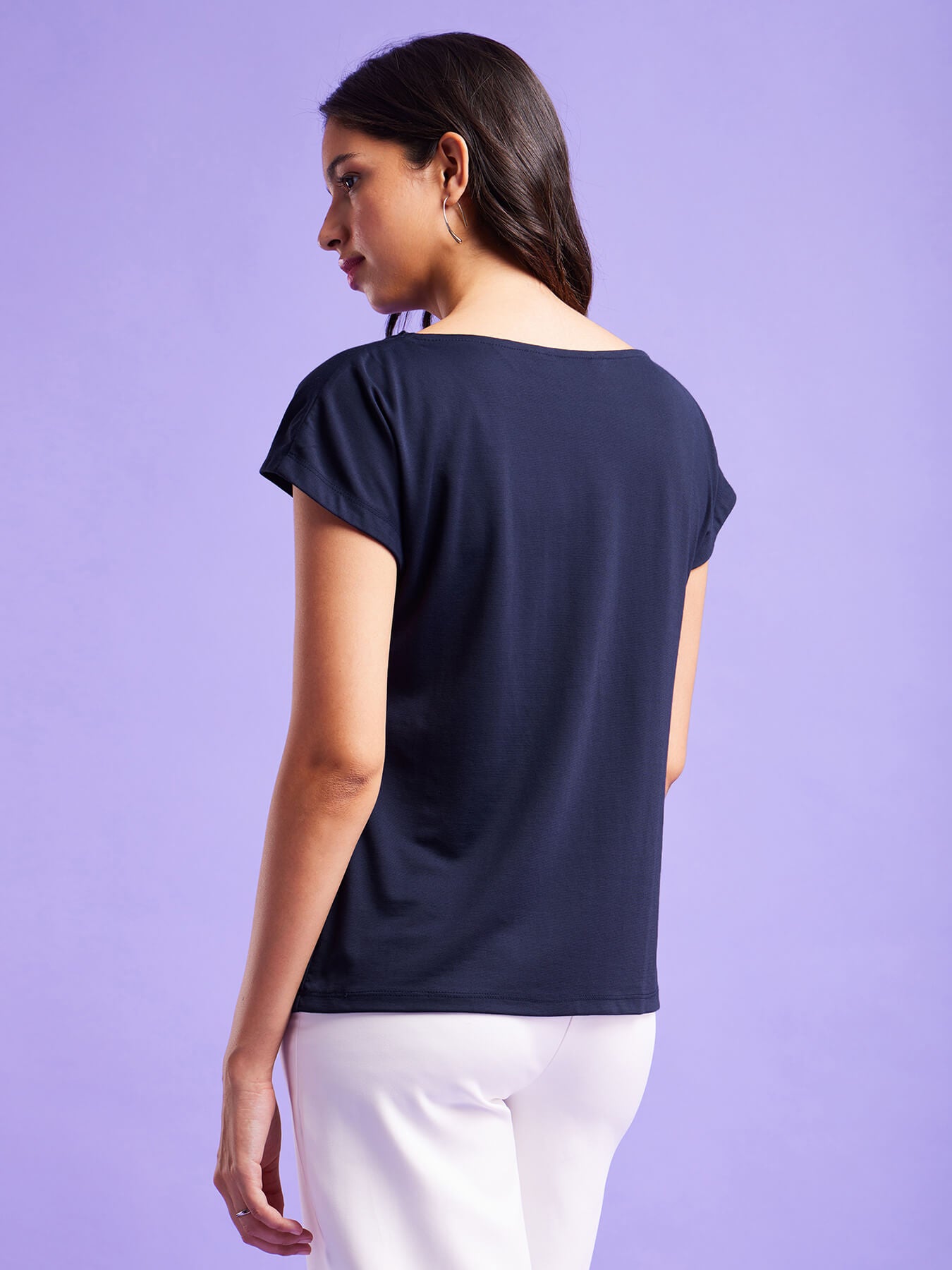 Cowl Neck Drop Shoulder Top - Navy Blue