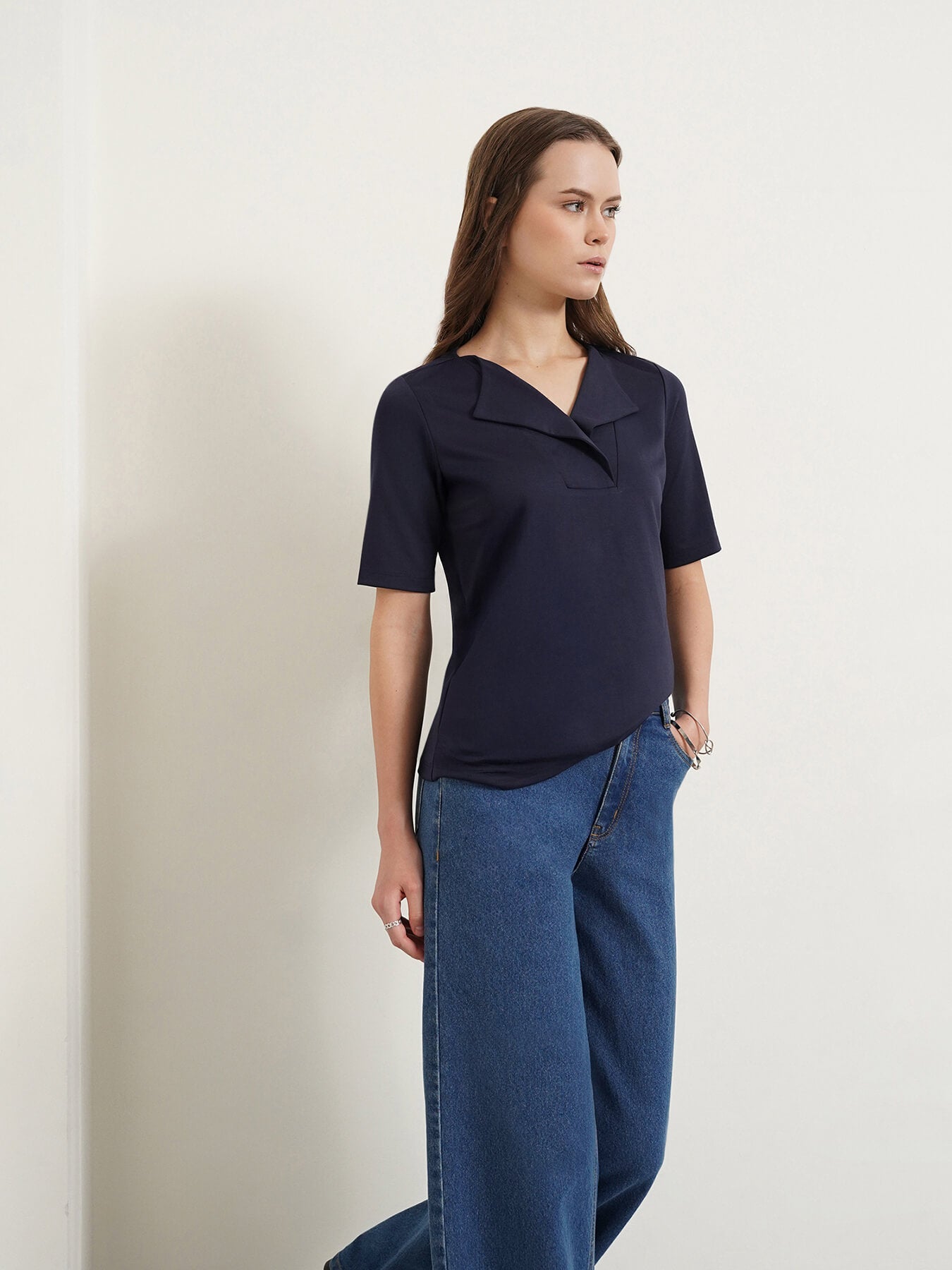 Detailed Collar Solid Top - Navy Blue
