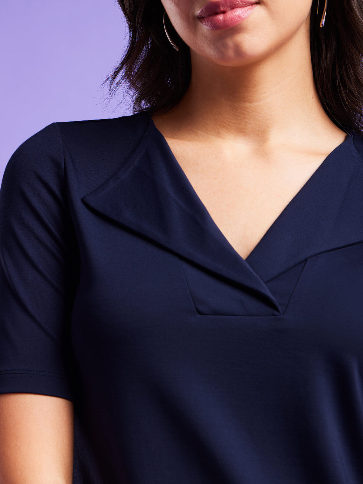 Detailed Collar Solid Top - Navy Blue