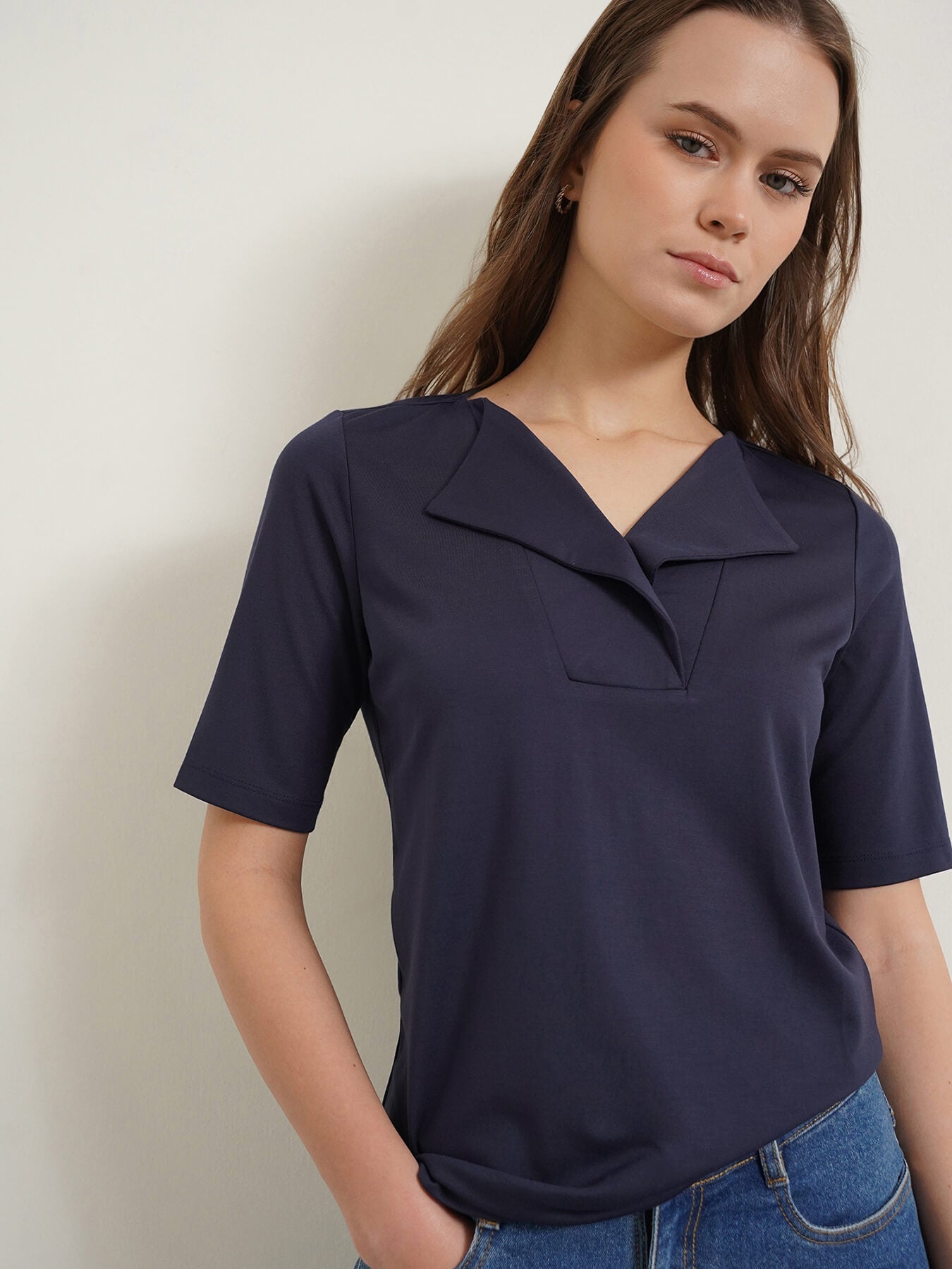Detailed Collar Solid Top - Navy Blue