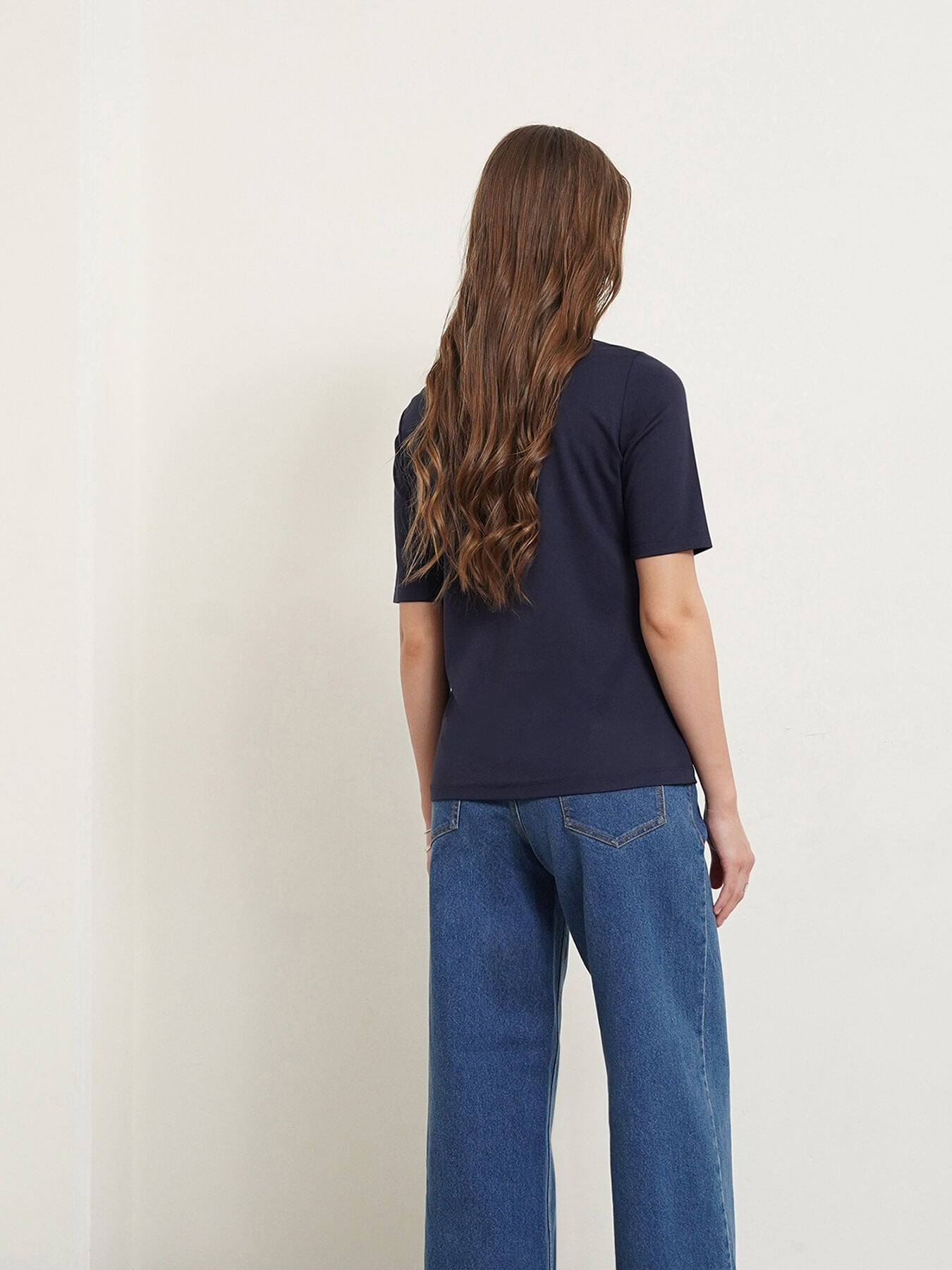 Detailed Collar Solid Top - Navy Blue