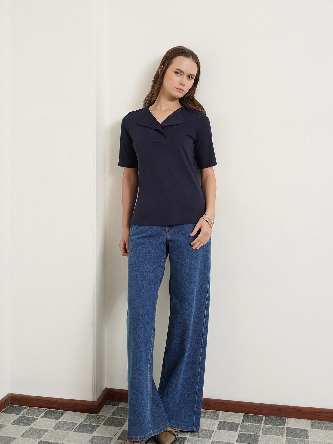 Detailed Collar Solid Top - Navy Blue