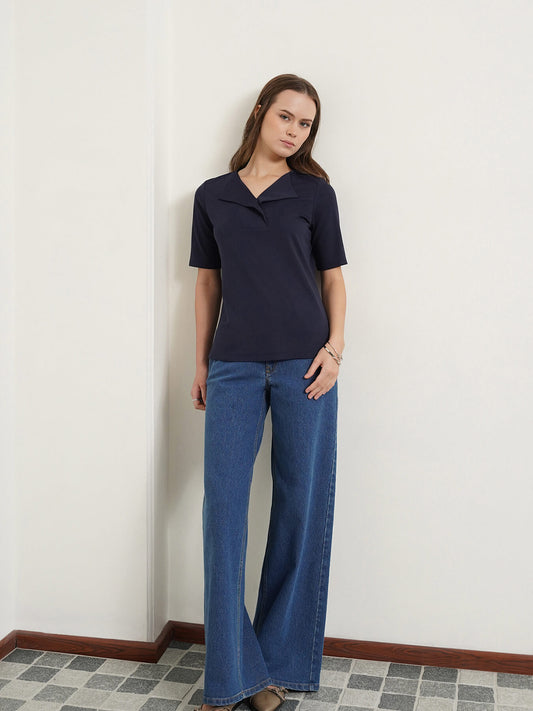 Detailed Collar Solid Top - Navy Blue