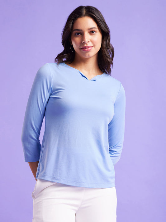 Round V Neck Solid Top - Blue