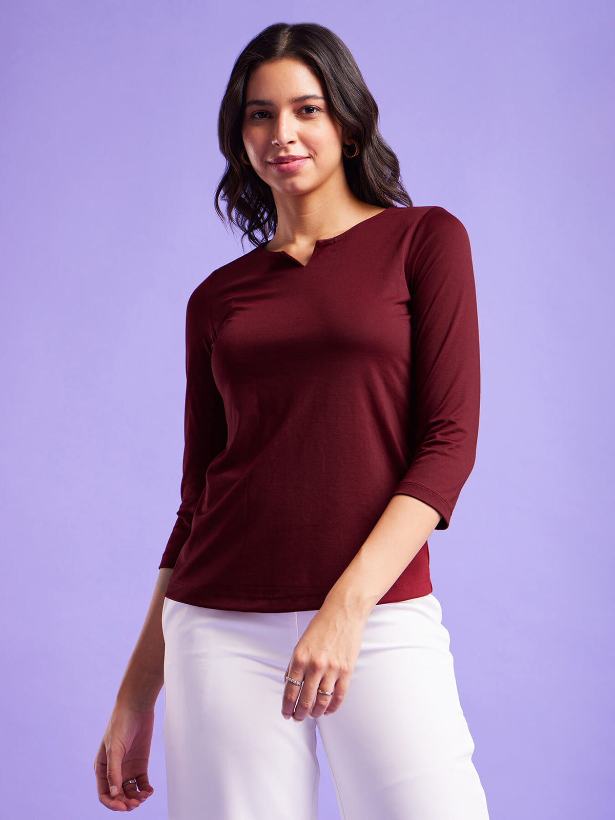 Round V Neck Solid Top - Maroon