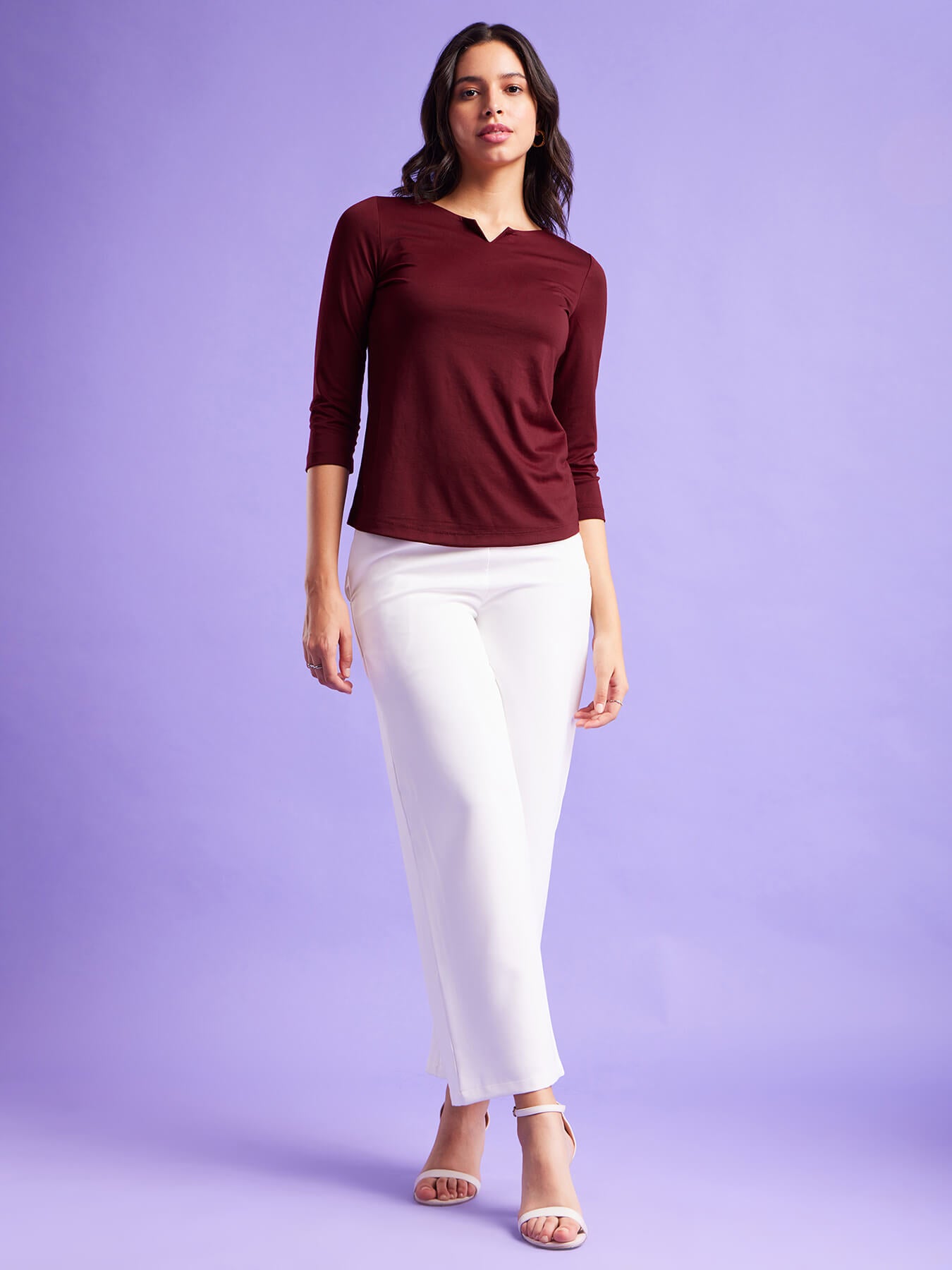 Round V Neck Solid Top - Maroon