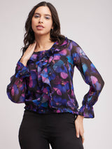 Floral Print Chiffon Top - Black And Multicolour