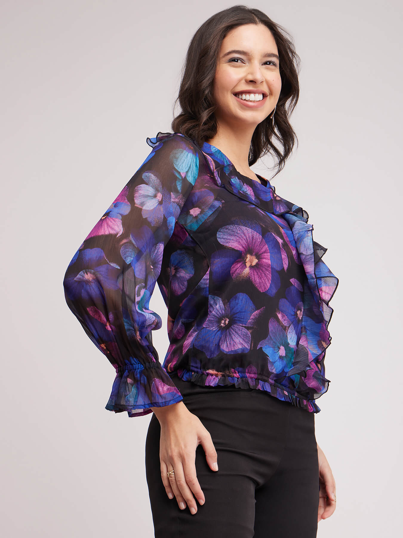 Floral Print Chiffon Top - Black And Multicolour