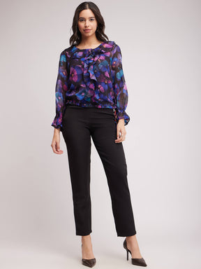 Floral Print Chiffon Top - Black And Multicolour