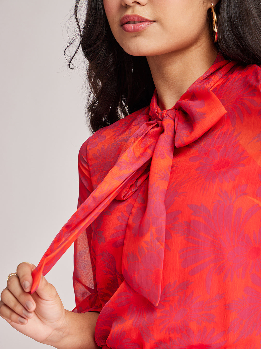 Floral Tie-up Top - Orange And Fuchsia