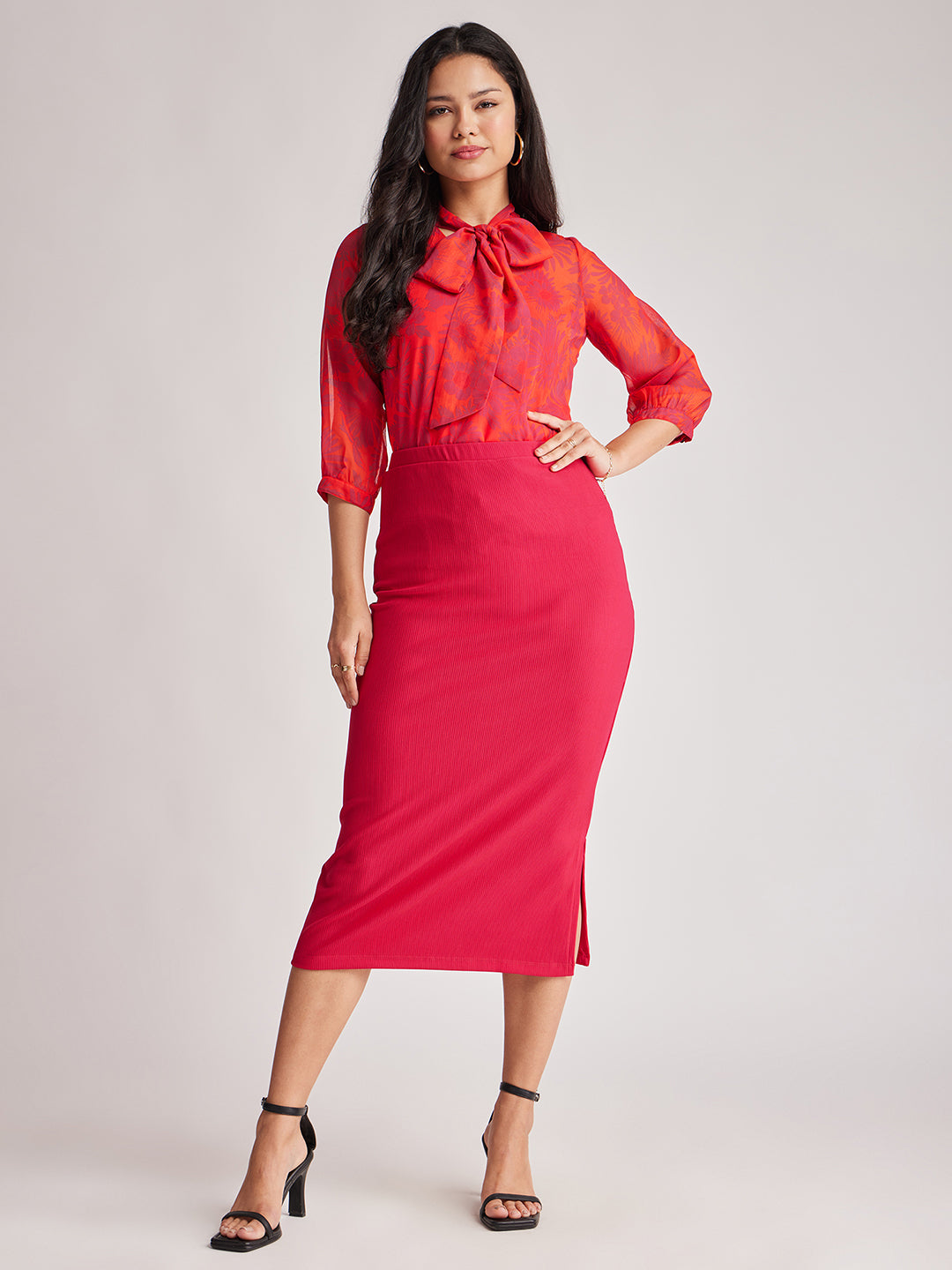 Floral Tie-up Top - Orange And Fuchsia